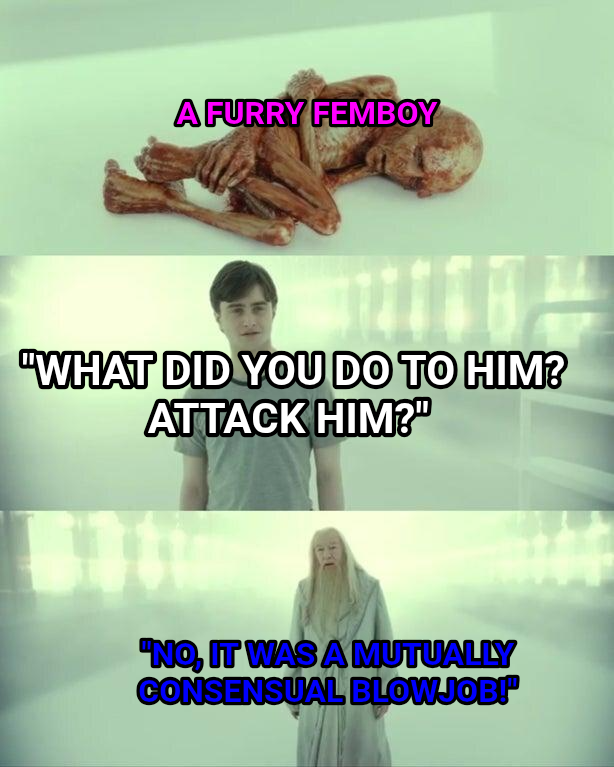 Dead Baby Voldemort  What Happened To Him meme — A furry femboy "What did you do to him? Attack him?" "No, it was a mutually consensual blowjob!"