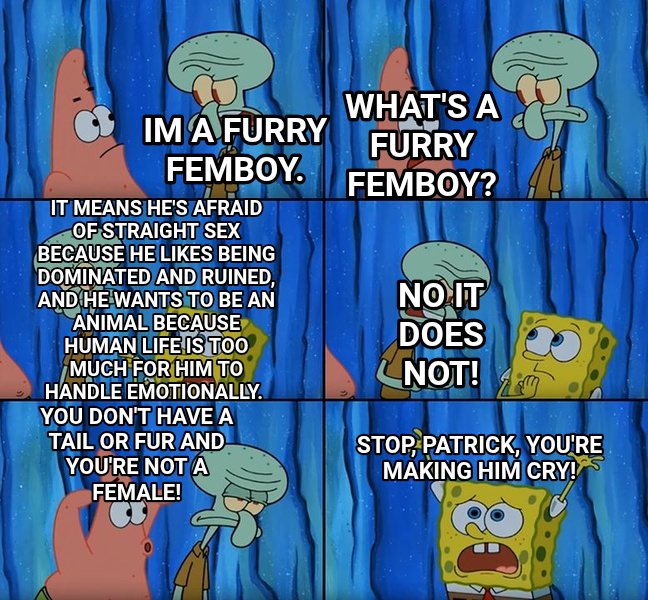 Stop It Patrick You're Scaring Him meme — Im a furry femboy. What's a furry femboy? It means He's afraid of straight sex because he likes being dominated and