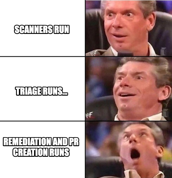Vince McMahon Reaction meme — Scanners Run Remediation and PR Creation runs Triage Runs...