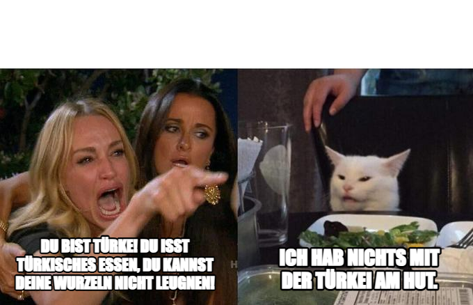 Woman Yelling At Cat meme — Ich hab nichts mit der türkei am hut. DU bist türke! Du isst türkisches essen, du kannst deine wurzeln nicht leugnen!