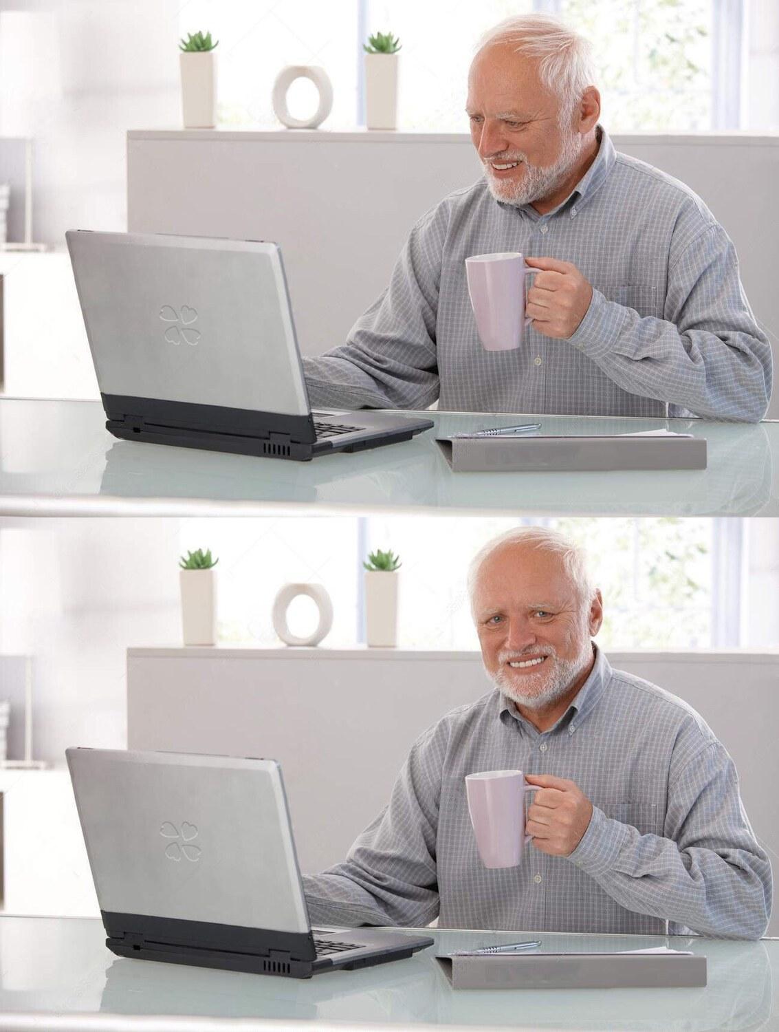Old man cup of coffee meme template blank