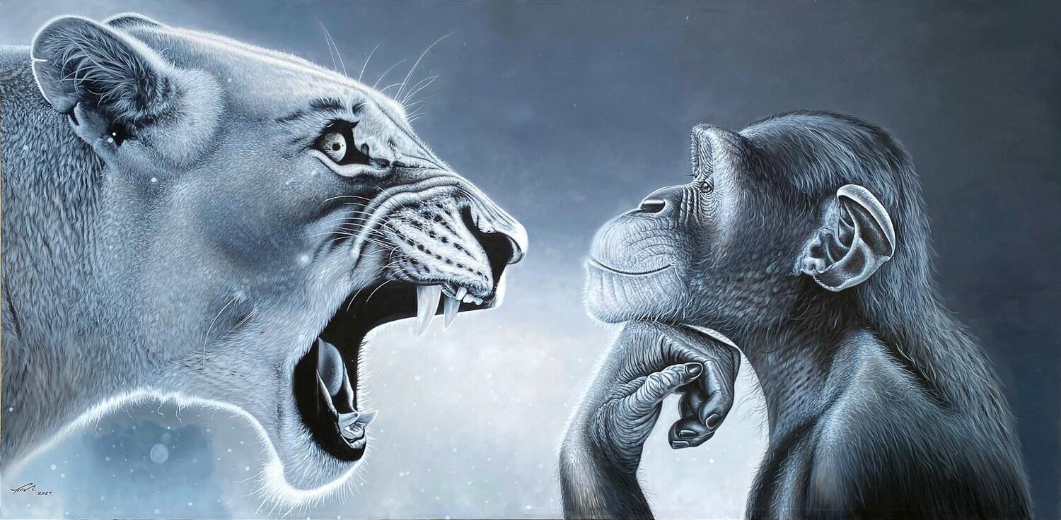 Tiger yelling at pondering monkey meme template blank