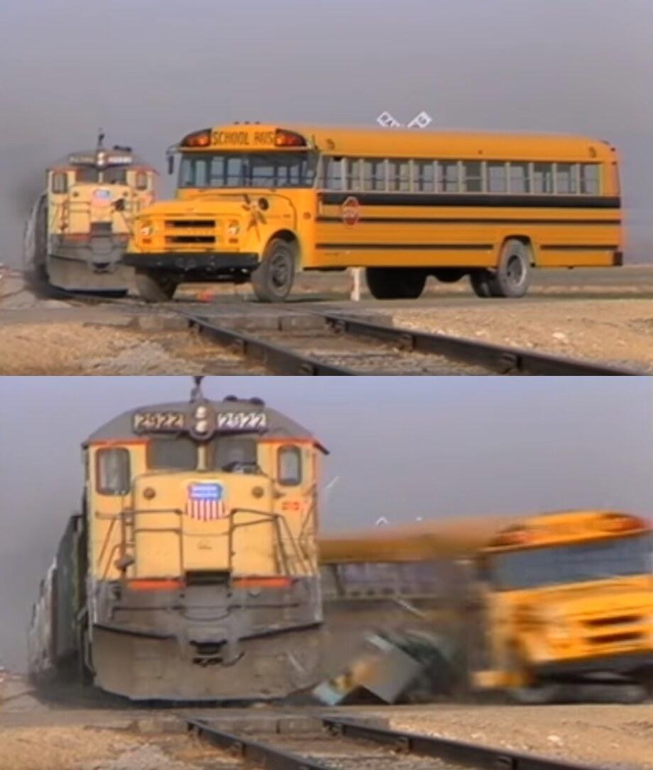 Train Hitting School Bus meme template blank